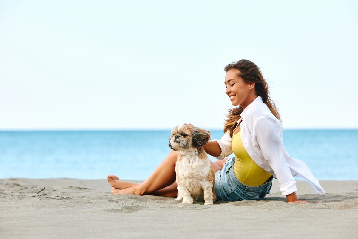 young woman and dog on beach